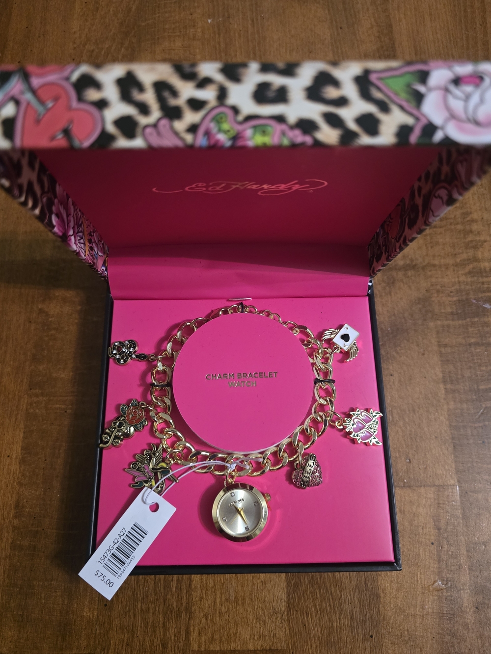 Ed Hardy Gold-Tone Charm Bracelet Watch - Pink